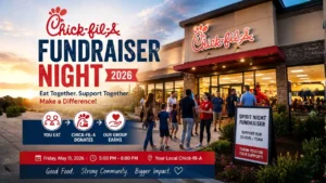 Chick-fil-A fundraiser night event with people enjoying food and supporting a local cause.