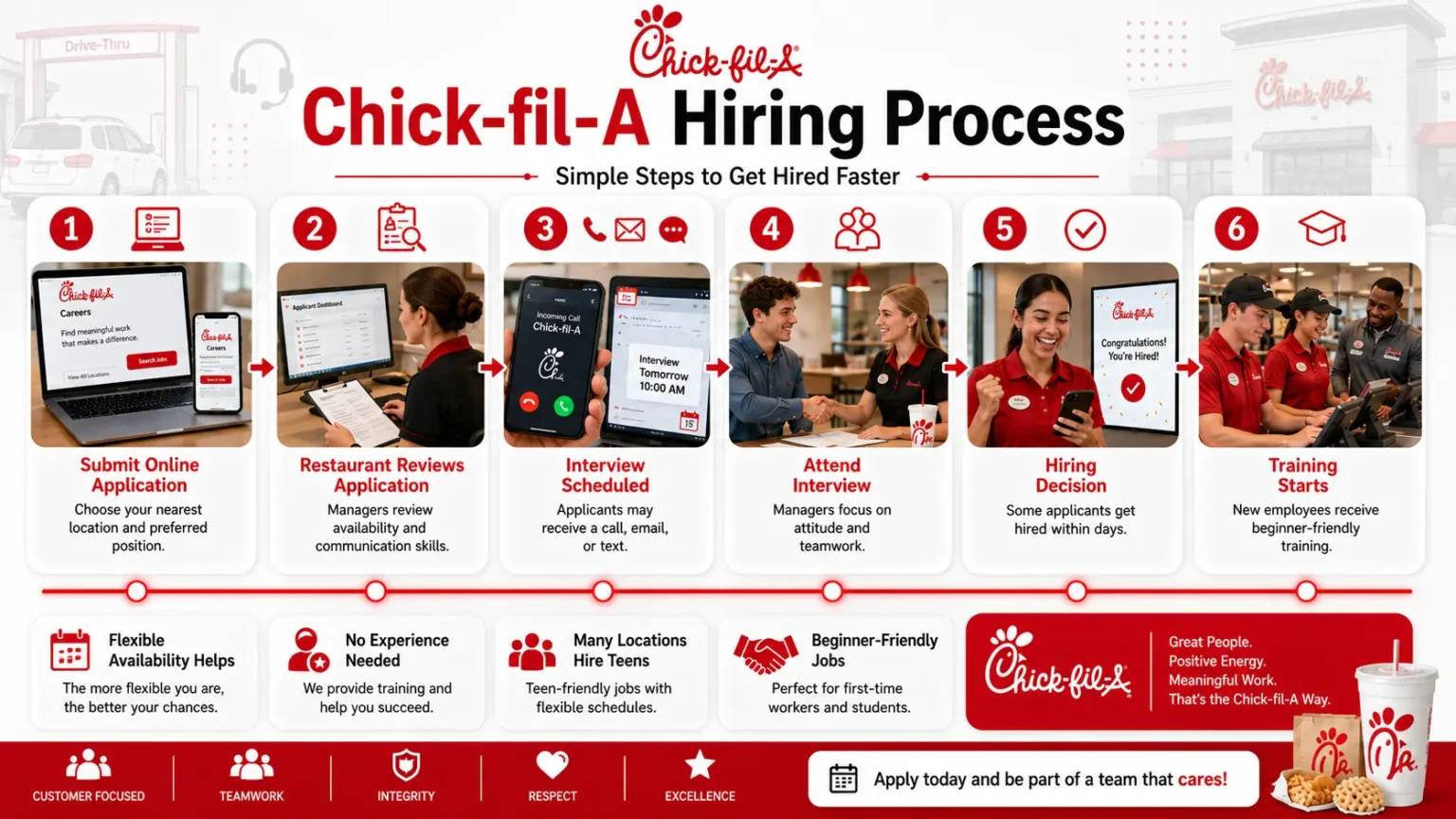 Chick-fil-A Careers & Job Application Guide 2026 2 Visual representation of the Chick-fil-A hiring process, highlighting key stages for those exploring Chick-fil-A Careers.