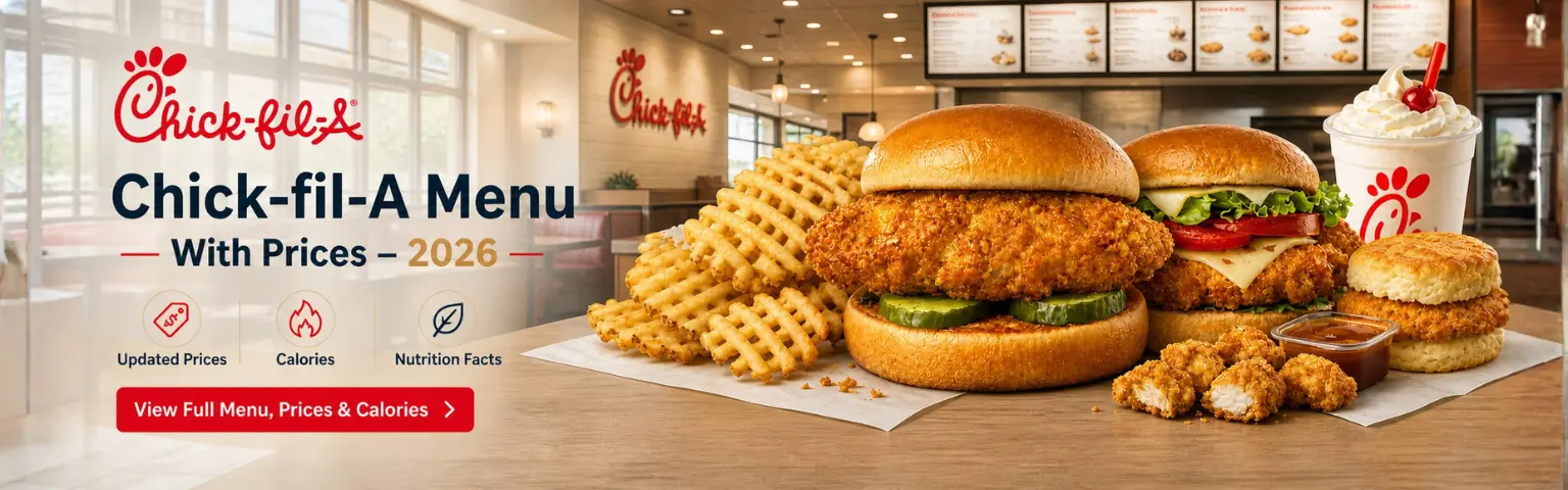 Latest Chick-fil-A Menu with Prices May 2026 1 Chick-fil-A menu 2026 banner displaying classic and spicy chicken sandwiches, waffle fries, chicken nuggets, milkshake, and breakfast biscuit with updated prices and calories.