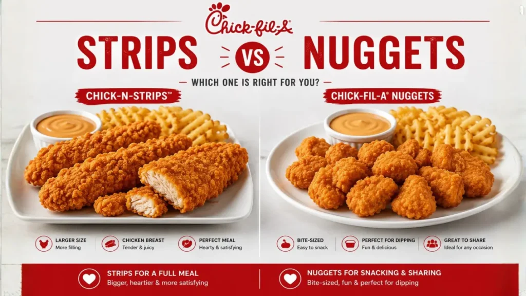 Chick-fil-A Tenders Calories & Recipe in 2026: Complete Guide 13 Comparison of Chick-fil-A nuggets and strips, showcasing their size, shape, and presentation side by side.