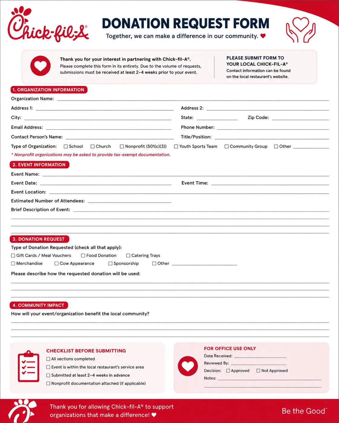 Chick-fil-A Donation Request Complete Guide 2026 2 Chick-fil-A donation request form featuring fields for organization details and purpose of the request.